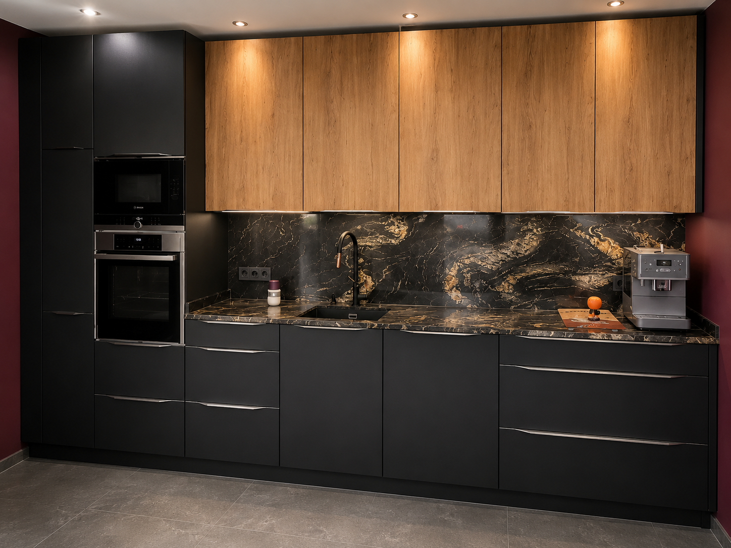 Moderne Kueche mit dramatischem Marmor Design nach der Folierung